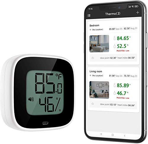 Bluetooth Thermometer Hygrometer, Smart Humidity Temperature Sensor | App alerts & data storage. Monitor for greenhouse, humidor, guitar case, incubator, and camera storage. - color: Black