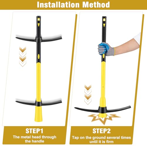 36 Inch Pick Mattock – Heavy Duty Rail Steel Garden Hoe with Fiberglass Handle, 2 in 1 Adze Hoe & Pick Axe for Digging, Landscaping, Yard Work, Outdoor