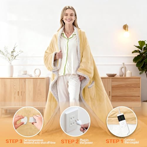 Wearable Heated Blanket With Sleeves & Foot Pocket, Heated Throw Blankets Fast Heating Blanket With 10 Heat Settings Auto Shut Off Over-Heat Protection-Warm Gift, Machine Washable, 52”*72”+18” - color: Khaki