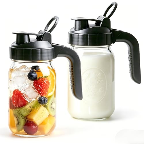 Glass Pitcher With Lid 32 Oz Mason Jar Breast Milk Pitchers For Fridge Airtight Leakproof 1 Quart Glass Water Jug With Handle For Cold Brew Coffee Iced Tea Sun Tea Juices Beverages(2 pack) - size: 32oz 2PC