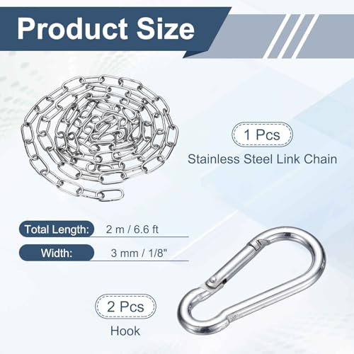 304 Stainless Steel Link Chain with 2 Hook (1/8" x 6.6 ft / 2 m x 3 Mm) - Utility Hanging Coil Chain Link Locking Pulling for Outdoor Fence Pet Dog - size: 1/8" x 6.6 ft(2 m x 3 Mm)