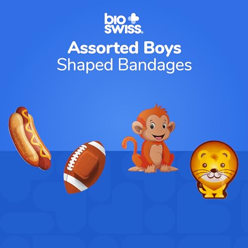 BioSwiss Bandages, Assorted Animal, Fun and Food Shaped Self Adhesive Bandage, Latex Free, Sterile Wound Care, 100 Count - size: 100-Count Box, style: Boys Assorted