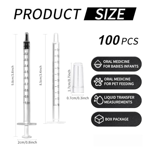 100 Pack 1ml Syringe for Liquid, 1cc Plastic Small Syringes for Scientific Labs, Measuring Liquids, Feeding Pets, Medical Student, Oil or Glue Applicator, Non-Sterile, No Needle - size: 1ml Syringes-100pcs