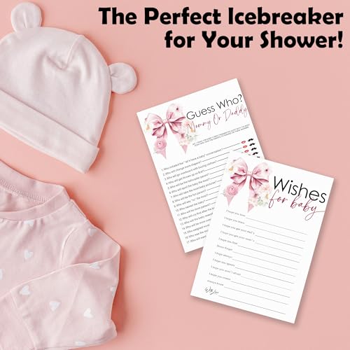 Wishes for Baby & Mommy Or Daddy Theme Baby Shower Game Activities-30 Pink Bow & Flowers Double-Sided Game Cards(5’’x7 ’’) for Boys & Girls-Gender Neutral Decorations & Supplies-A04 - color: Wishes for Baby & Mommy Or Daddy