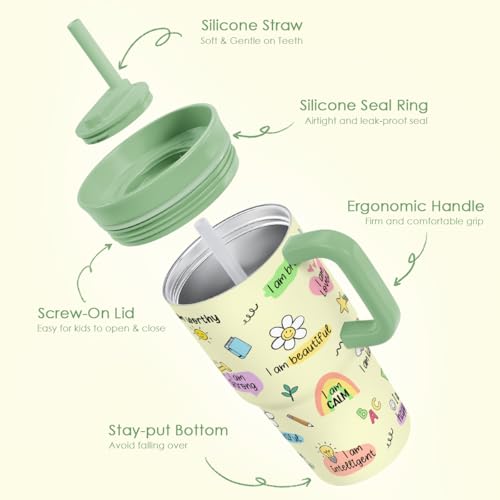 SANDJEST Inspiration Tumbler 20oz with Handle and Silicone Straw Locking Lid for Kid, Girls, Boys Reusable Stainless Steel Water Bottle, Spill Proof and Leak Resistant - color: Inspiration