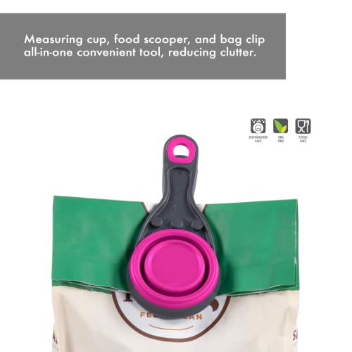 Dexas Popware for Pets Collapsible Klip Scoop, 3-in-1 Pet Food Scoop, Measuring Cup and Bag Clip, 1/2 Cup Capacity, Fuchsia - color: Fuchsia, size: 1/2 Cup Capacity