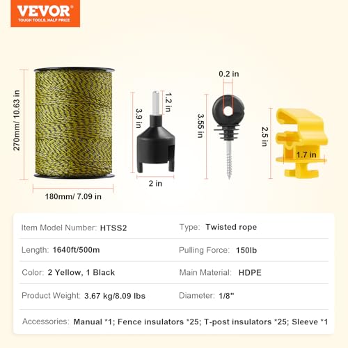 VEVOR Electric Fence Wire, 1640Ft 500M Portable Polywire, 1/8" Diameter 6 Stainless Steel Strands, Fencing Rope Line with 25 Fence Insulators and 25 T-Post Insulators, for Horse, Cattle, Livestock - size: 1640Ft 500M, style: 1/8" Strands
