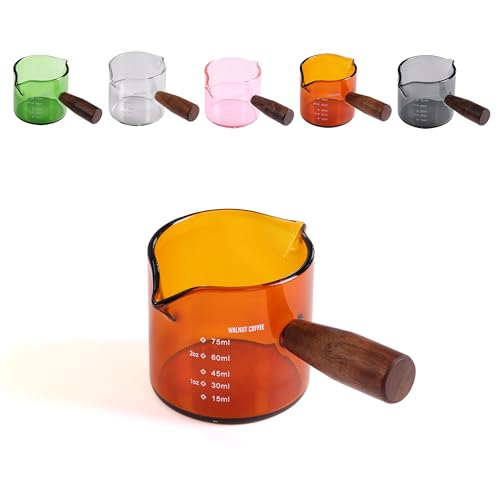 Amber 3.5oz Espresso Shot Glass Double Spouts with American Walnut Handle, Double Spout Glass Measuring Cup, Milk Frothing Pitcher - color: Amber