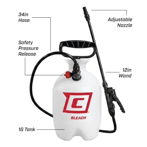 Chapin 1-Gallon Bleach Pump Sprayer, Resistant Seals for Cleaning | Chemical-resistant tank and seals; for mold treatment, sanitizing, fungicides and cleaners with filtration and 34in hose - size: 1-Gallon Bleach Sprayer