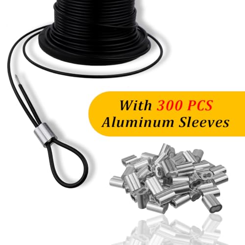 Vinyl Coated Wire Rope 304 Stainless Steel Coated Wire Cable-Black, 1/16" OD to 3/32" x 1000FT, with 300 Pcs Crimping Sleeves-Cable for String Lights, Suitable for Clotheslines - size: 1000FT