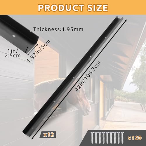 lukar 12 Pack 42 Inch Horse Stall Wall Channels, Horse Stall Chew Guards | Heavy Duty Steel Horse Stall Protector with 120 Screws & Pre-drilled Mounting Holes, Prevent Wood Damage in Horse Stable