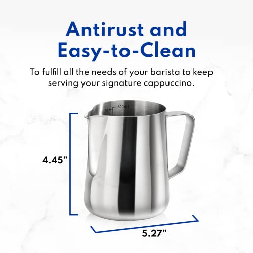 New Star Foodservice Stainless Steel Frothing Pitcher, 20 oz Espresso Milk Steaming Cup with Measurement Scale, Commercial Grade 18/8 Barista Pitcher for Lattes, Cappuccinos, Coffee, Silver - size: 20.3 Ounces