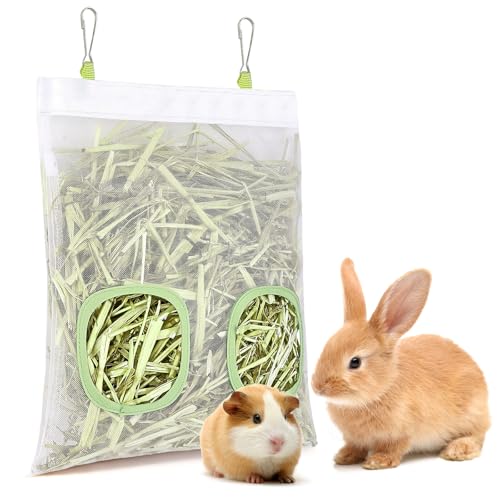 Mesh Guinea Pig Hay Feeder Bag for Guinea Pigs Rabbits Chinchillas, Hanging 2-Hole Hay Dispenser Breathable Wear-Resistant (White) - color: white