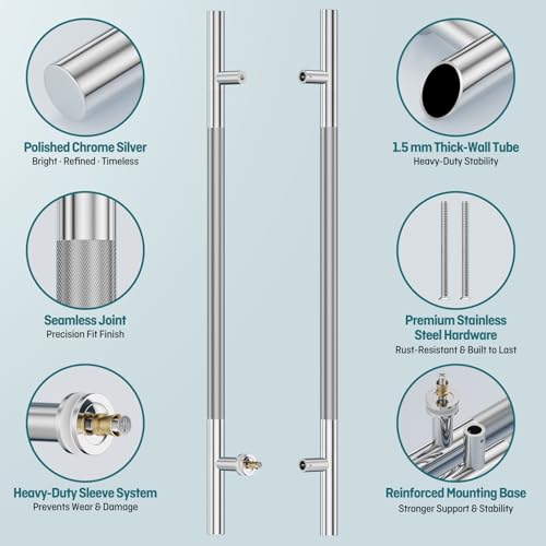 Ranbo 36" Knurled Door Pull Handle, 24"(610mm) CTC, Polished Chrome | Heavy Duty 1.5mm 304 Stainless Steel, Back to Back Pull Handles for Interior/Front /Barn/Commercial/Entrances, Enhanced Grip - size: 36 Inch