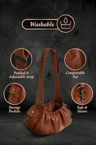 Noah & Paw Dog Sling Carrier for Small Dogs 5-18lb, Dog Sling for Small Dogs and Cats, Dog Carrier with Adjustable Padded Strap, Vegan Leather Lined with Fur, Double Safety Feature, Machine Washable - color: Brown