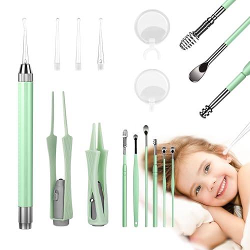 15 Pack Ear Wax Removal Tool Kit with Light - LED Ear Cleaning Kit, Ear Wax Removal for Kids and Adults, Ear Cleaning Tool, Ear Picker Spoon & Ear Tweezers & Spiral Spring Ear Spoon Green - color: Green