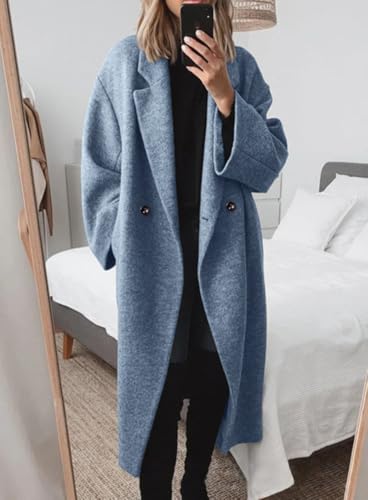 chouyatou Women's Winter Double Breasted Wool Coat Long Sleeve Notch Lapel Long Trench Coat - color: Blue, size: XX-Large