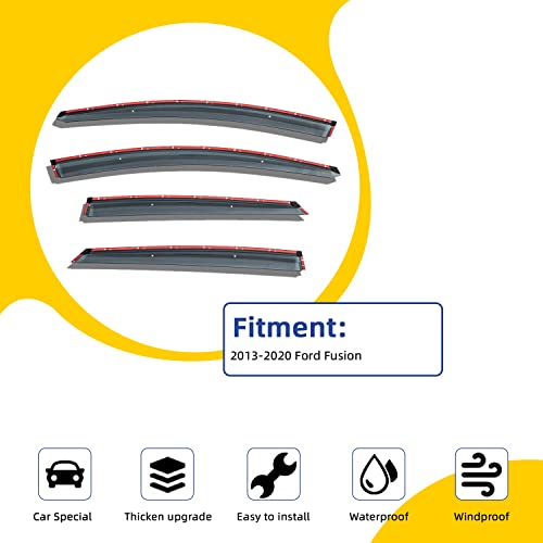Window Visors Rain Guards Compatible with 2013-2020 Ford Fusion | Chrome Trim Vent Visor Side Wind Deflector,Durable PC Smoke Tint Tape-On Outside Mount,rainproof sun protection - size: 13-20 Fusion