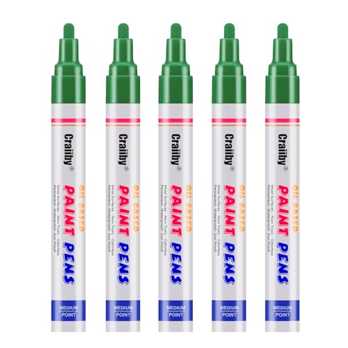 Green Paint Markers, 5 Pack Oil-Based Waterproof Quick Dry Permanent Paint Pen Set for Rocks Painting, Wood, Fabric, Plastic, Canvas, Glass, Mugs, Metal, Tire, Stone, DIY Craft - color: Green