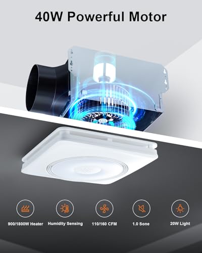 GROWNEER Powerful Oversize Bathroom Exhaust Fan with Light, 40W Bathroom Fan with Humidity Sensor, 110/160 CFM 1.0 Sone Exhaust Fan with Heater, 1800W Heating, 1500lm 2700K/4000K/5000K & Nightlight - style: Humidity & Heater