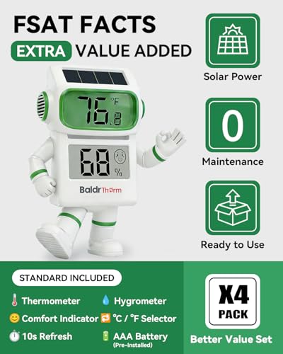 BALDR 4-Pack Digital Hygrometer Thermometer, Solar Humidity Monitor (White) | No Setup Needed,Solar Power with Battery Backup,10s Data Refresh,Comfort Indicator Meter for Home Bedroom Greenhouse Office - color: White 4 Pack