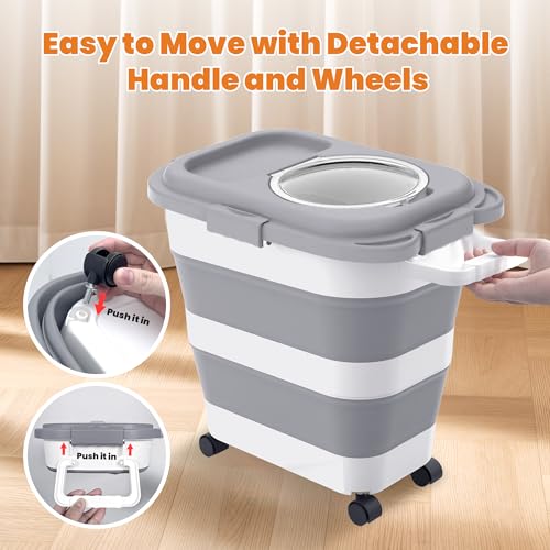 HOYTAMDAR 25-28lb Collapsible Dog Food Storage Container,Dog Food Container | Pet Food Storage Container with Airtight Lid,Wheels,Handle,Measuring Scoop&Small Container For Dog Cat Bird Seed - color: Grey-28lbs