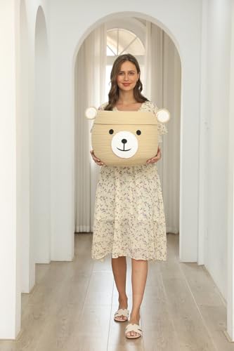 15x12 Inch Bear Hamper with Lid, Handcrafted Cotton Rope Animal Storage Basket, Woven Teddy Bear Bin for Kids Bedroom Playroom, Beige