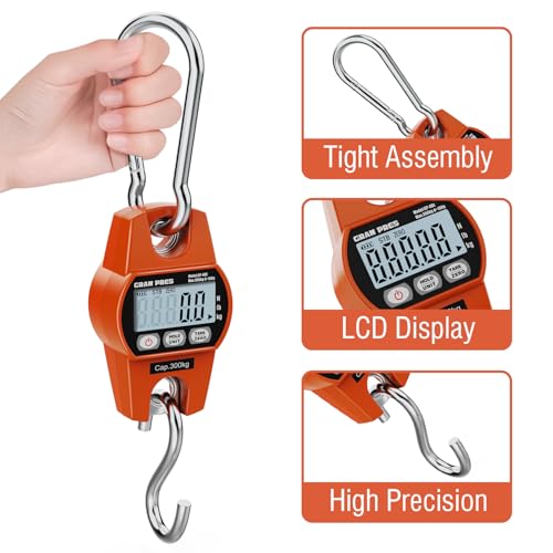GRAM PRES Digital Hanging Scale, Mini Crane Scale 660LB/300KG | Deer Hunting Scales,Digital Scale with Hooks for Farm Fishing, Fish,Luggage，Outdoor.