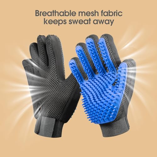 Pet Hair Removal Glove with 255 Silicone Tips for Dogs & Cats, 1 Pair Blue | 2-in-1 Deshedding & Massage Mitt, 5-Finger Flexible Design, for Bathing & Grooming, Safe for Long/Short/Curly Hair Pets