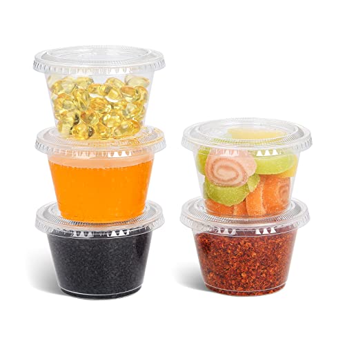 [4 OZ, 100 Sets] Clear Disposable Plastic Portion Cups with Leakproof Lids for Condiment and Dipping Sauce | Jello Shot/Souffle Cups| BPA Free | Recyclable - style: 4 OZ