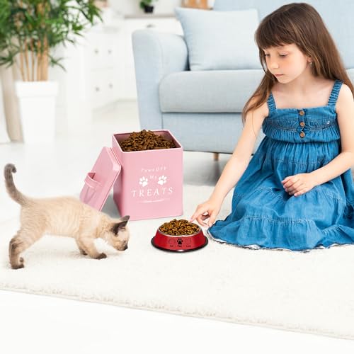 Meraki Home Farmhouse Cat Food and Treats Containers + Feed Scoop + Pet Food Bowl - Tight Lids - Large Metal Storage Bin - Great Gift for Cute Pets (Matte Pink) - color: Pink
