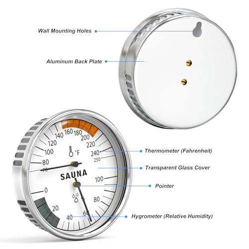 MEANLIN MEASURE Sauna 2 in 1 Fahrenheit Thermometer and Hygrometer, Stainless Steel Thermometer Gauge, 70-250°F, 0-100% RH for Sauna Room, Indoor Humidity Temperature Monitor Gauge Sauna Accessories