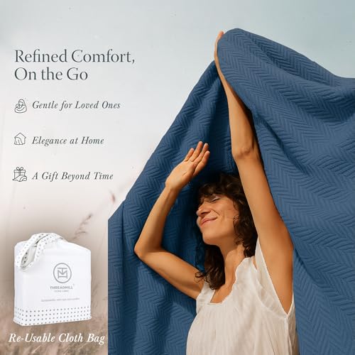 Threadmill Luxury Cotton Blankets for Twin Size Bed | All-Season 100% Cotton Twin Blanket for Bed | Herringbone Soft & Cozy Fall Thermal Blanket, 350GSM, 68x92 inches | Folkstone Blue | All-Season Thermal Throw Blanket, Soft & Breathable, Cozy Moisture-Wi