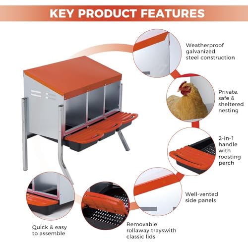 Galvanized Steel Chicken Nesting Box 3 Compartment with Pull Out Tray, Roll Away Nest Boxes for Laying Hens Egg Collection, Wall Mount Poultry Nest Box for Coop with Handle, Orange, with Legs - color: Orange, size: 3 Compartments with Support Legs