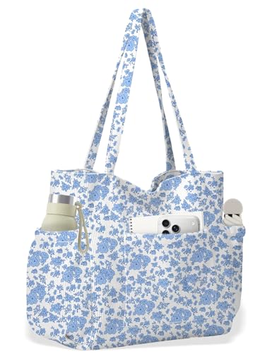 Corduroy Tote Bag for Women, Cute Floral Tote Bag with Zipper, Large Shoulder Handbag with Multi-Pockets for Work Travel Gym - color: Blue Floral