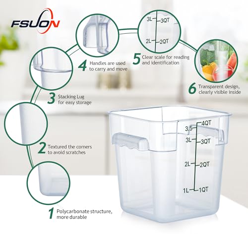 4 Pack 4 Qt Square Polycarbonate Food Storage Containers with Lids | Clear BPA-free PC with lids, side handles, measurement scale and stackable design; for food prep, storage and freezer use. - color: 4Qt