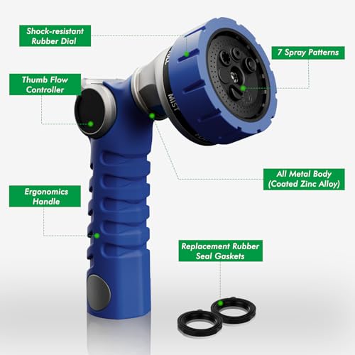 RESTMO Heavy Duty Hose Nozzle, Metal Garden Water Hose Sprayer | 7 Watering Patterns, Easy Thumb Control, On Off Valve, Leak Proof Nozzle Sprayer for Watering Plants, Washing Car & Pet - color: Blue