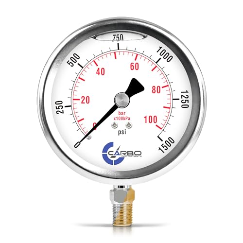 Carbo 1500 PSI Liquid Filled Pressure Gauge with NIST Traceable Certificate, Calibrated in USA Lab, 4" Dial, 1/4 NPT Lower Mount, ASME Grade A, 304 SS Case, Brass Wetted Parts, PSI/Bar - size: 0-1500 Psi, style: NIST TRACEABLE