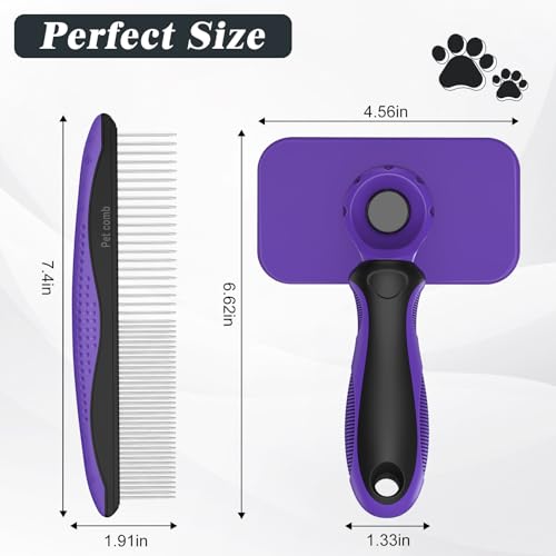 2PCS Self Cleaning Slicker Brush & Dog Comb - Skin Friendly Deshedding Grooming Tool for Dogs, Cats and Small Animals, Professional Deshedding Dematting Tool for Long and Short Haired Pets (Purple) - color: Purple