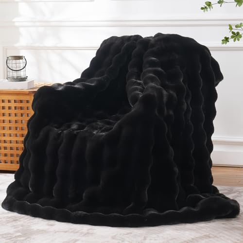 BENVWE Faux Fur Throw Blanket for Couch Bed - Fluffy Soft Thick Bubble Blanket for Living Room Home Decor - Fathers Day Birthday Gifts for Women Men, Black, 60" x 80" - color: Black, size: Twin(60" x 80")