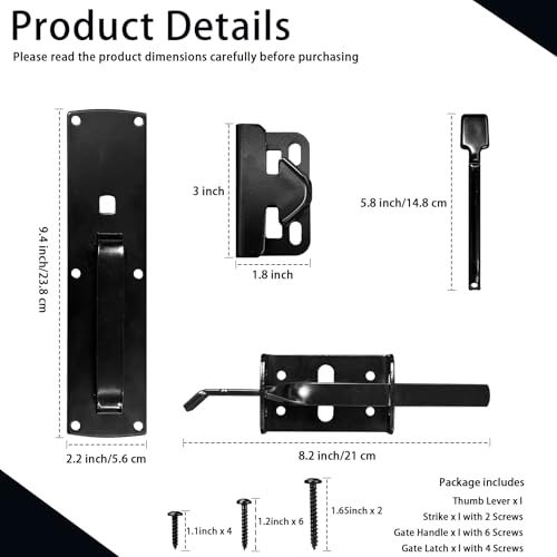 Pack of 1 Thumb Gate Latch Hardware,Gate Latch with Handle,Heavy Duty Gate Latch for Outdoor Fence,Black Double Gate Latch for Backyard,Garden,Farm,Pool Gate,Metal Gate