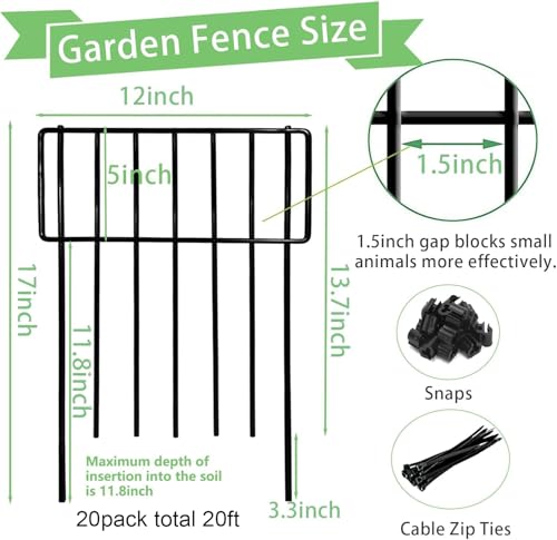 Thrivinest Animal Barrier Fence, 20 Pack No Dig Decorative Fences, 17in(H) x20ft(L) Rustproof Metal Wire Small Garden Fence Border for Dogs Rabbits - color: Black, size: 20 Pack,20Ft