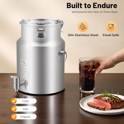 2.64 Gallon Milk Can - 304 Stainless Steel Milk Bucket with Sealed Lid, Milk Transport Barrel with Spigot for Liquid Storage, Ideal for Milk, Wine, and Beverages - size: 2.64 Gallon
