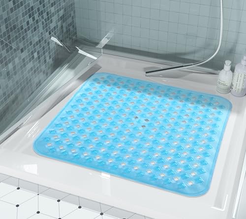 Yimobra Square Shower Mat Non Slip, Super Strong Suction Cups, 21"X21" Bath Tub Mat with Drain Holes, Machine Washable Fast Draining Bath Mats, Bathroom Essentials,Clear Blue - color: Clear Blue, size: 21 X 21 Inch