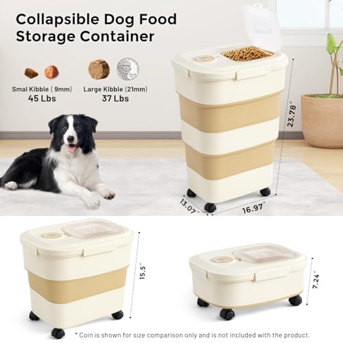 ZOMISIA 40-50lbs Dog Food Storage Container, Large Capacity Collapsible Airtight Pet Food Storage Containers with Rolling Wheels, Transparent Lid, Scoop and Date Track, Khaki - color: Khaki