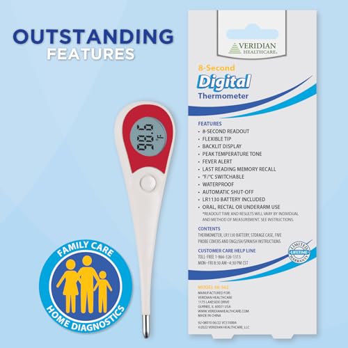 Veridian 08-362 8-Second Flex Tip Digital Thermometer | Oral, Rectal & Underarm Use, Fever Alert at 100.0°F, Memory Recall, Waterproof, Storage Case