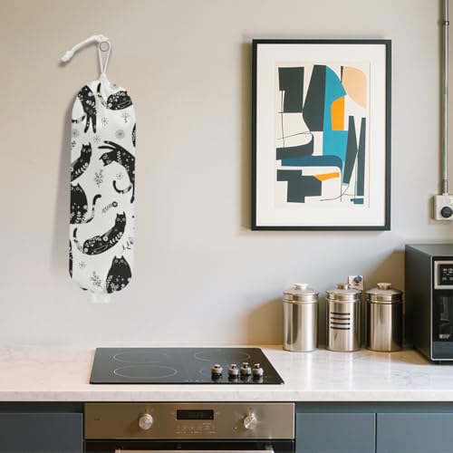 Black White Floral Cat Plastic Bag Holder, Wall Mount Grocery Bag Holder | Plastic Bags Storage, Vibrant Cats Reusable Grocery Bags Storage Dispenser for Home Kitchen Decor, Cat Lover Gifts for Women - color: Interesting black cat