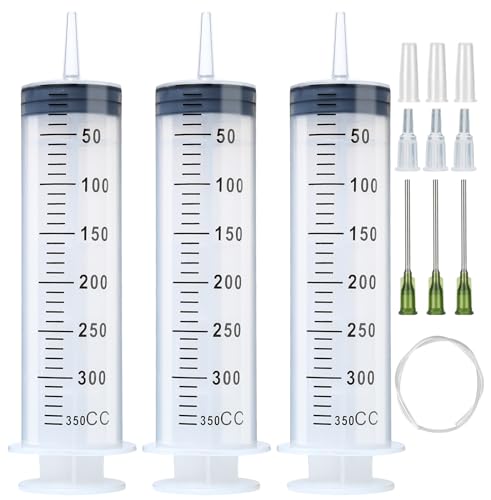 3 Pack 350ml Syringes with 55.1 Inch Tube and Needle 14G 1.5”, Sterile Syringe Individually Packaged for Labs, Liquid Measuring, Feeding Pets,Oil or Glue Applicator - style: 350ml