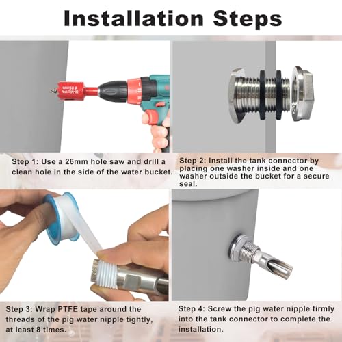 Automatic Pig Nipple Waterer Set with 304 Stainless Steel Water Tank Connectors for Barrel Kit - 2pcs Stainless Steel Nipples for Sows, Piglets, Goats - Includes Installation Hole Opener - color: 304 Stainless Steel, size: 2PCS