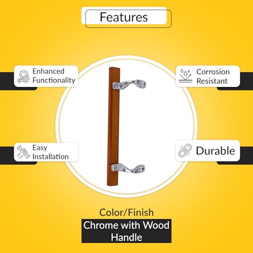Brixwell Patio Door Handle with Brackets, Chrome Finish with Wood Grip, 6-5/8" Center-to-Center, Easy Installation Residential and Commercial Use, Replacement or New